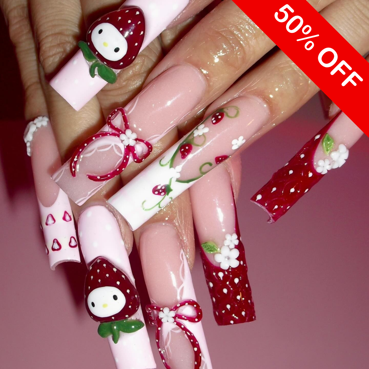 3D Strawberry Garden & Kawaii Button Luxe Press On Nails - XL Square