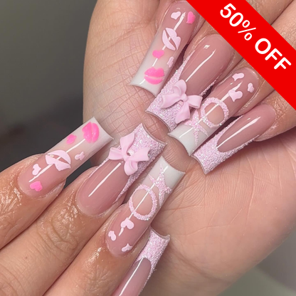 Sweetheart XOXO 3D Bow & Sugar Glitter Press On Nails - Long Square