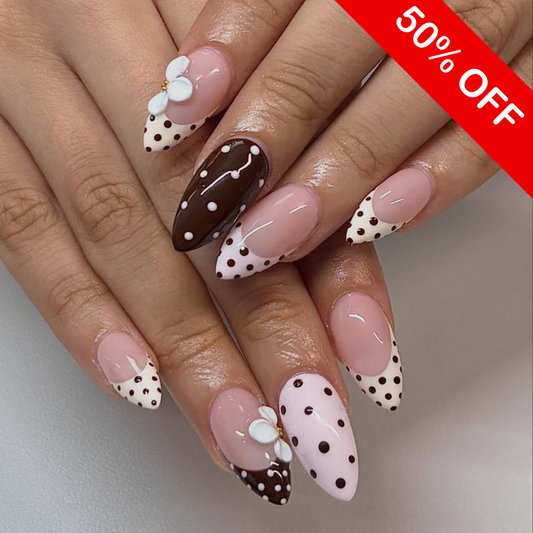 Chocolate Polka Dot Press On Nails, Cute Brown and Pink Nail Set with 3D Flowers, Brown and Pink French Tip Nails, 3D Floral Nail Art