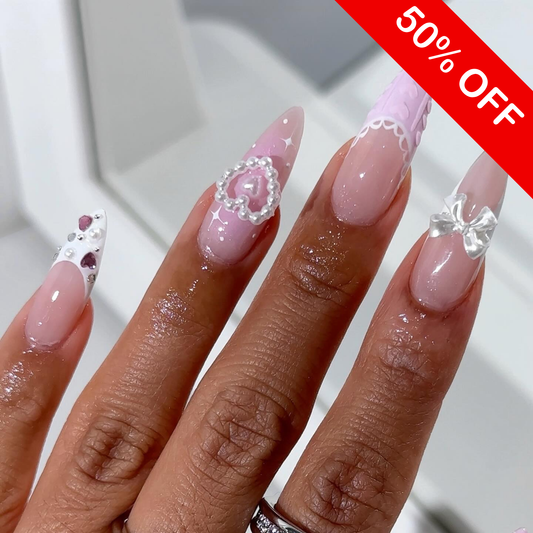 Lavender Lace & Pearl Heart 3D Textured Press On Nails - Long Stiletto