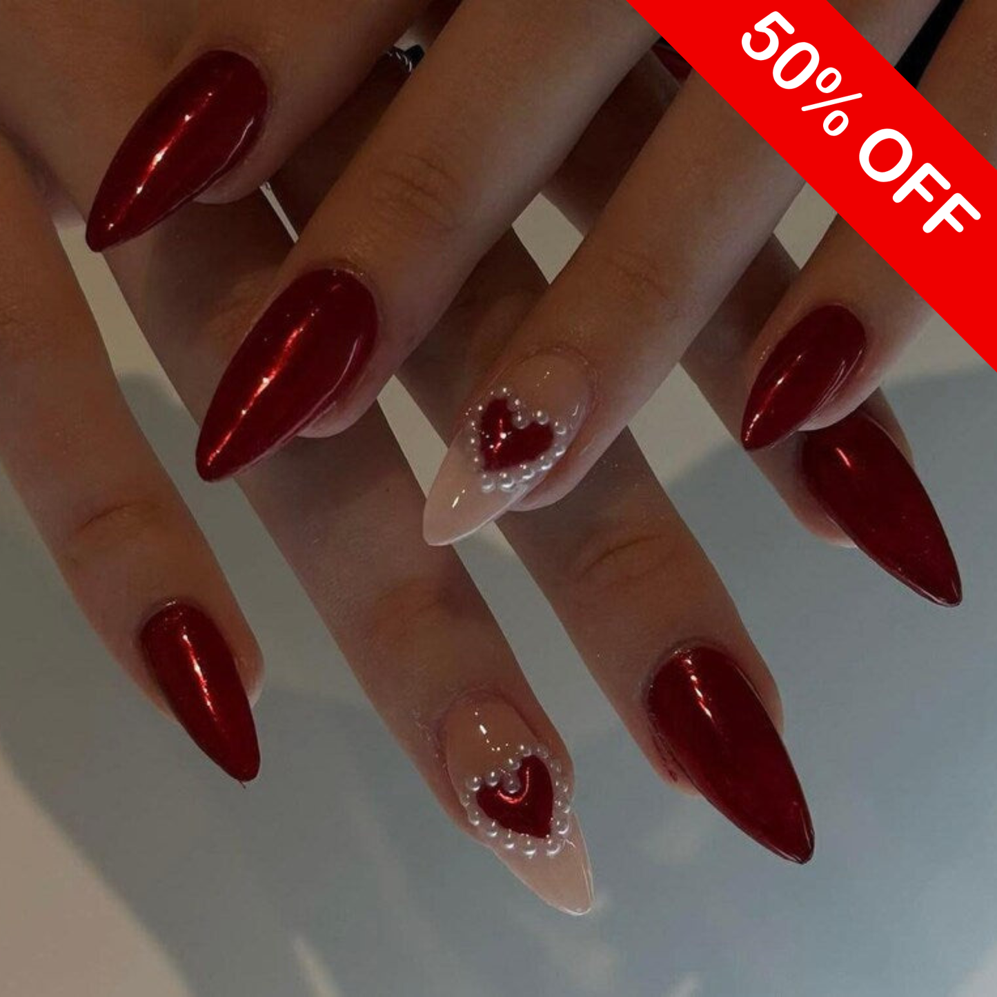 Deep Ruby Chrome & Pearl Heart Press On Nails - Medium Almond