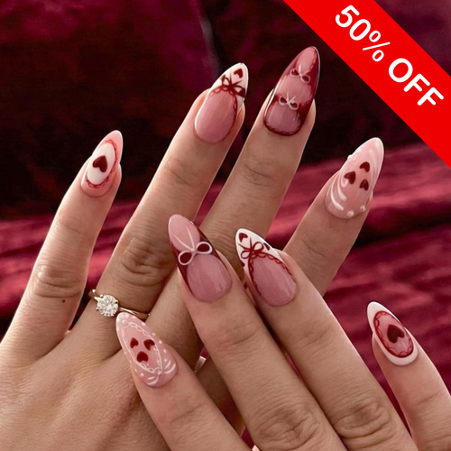 Romantic Burgundy Coquette Lace Press On Nails - Long Almond