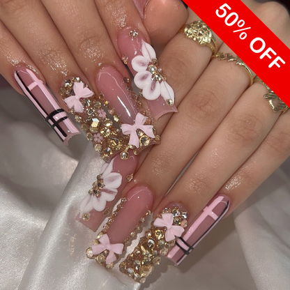Gilded Floral & Pink Ribbon Press On Nails - Long Square Luxury Set