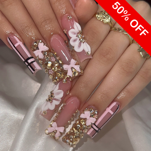 Gilded Floral & Pink Ribbon Press On Nails - Long Square Luxury Set
