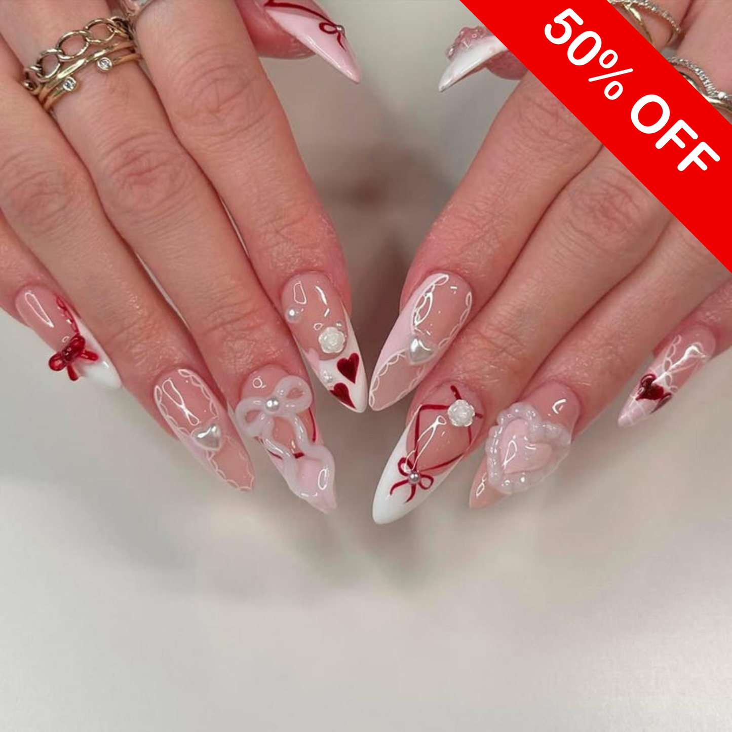 Luxury 3D Coquette Heart & Bow Press On Nails - Long Stiletto