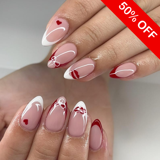Romantic Coquette French Press On Nails - Red & White Almond