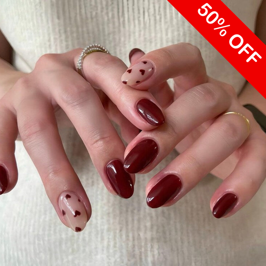 Deep Burgundy Heart Accent Press On Nails - Short Oval