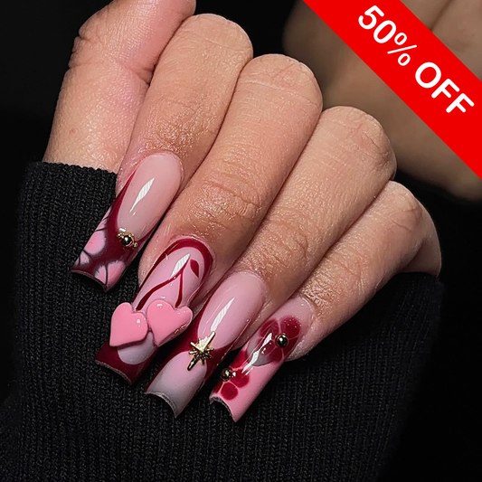 Gothic Cherry Heart & Gold Starburst Press On Nails - Long Square