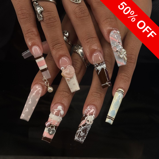 3D Cherry Heart & Scalloped French Press On Nails - Long Stiletto