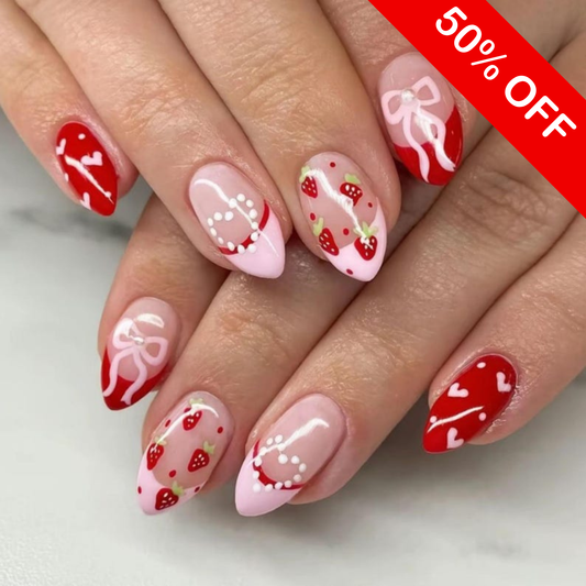 Strawberry Coquette Bow Press On Nails - Pink & Red Almond