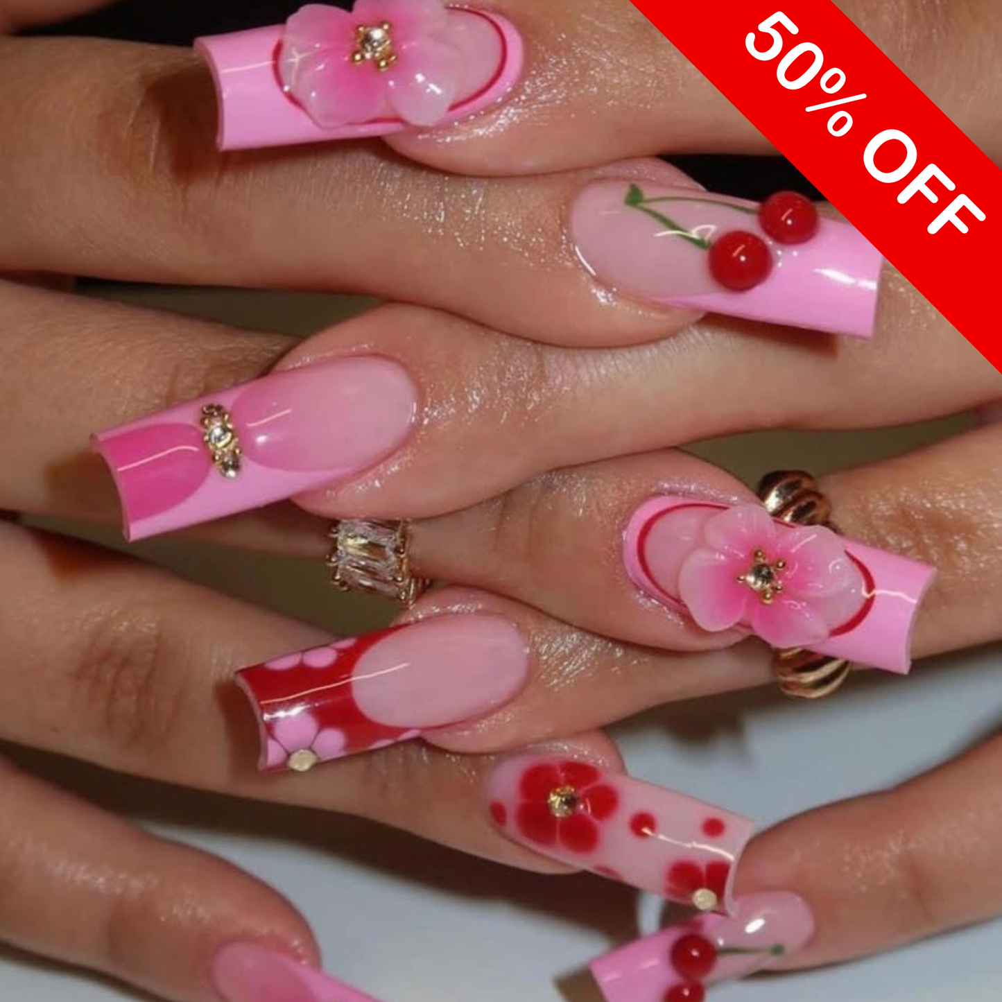 Kawaii 3D Cherry & Floral Press On Nails - Long Square