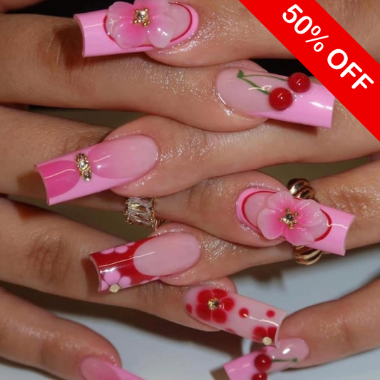 Kawaii 3D Cherry & Floral Press On Nails - Long Square