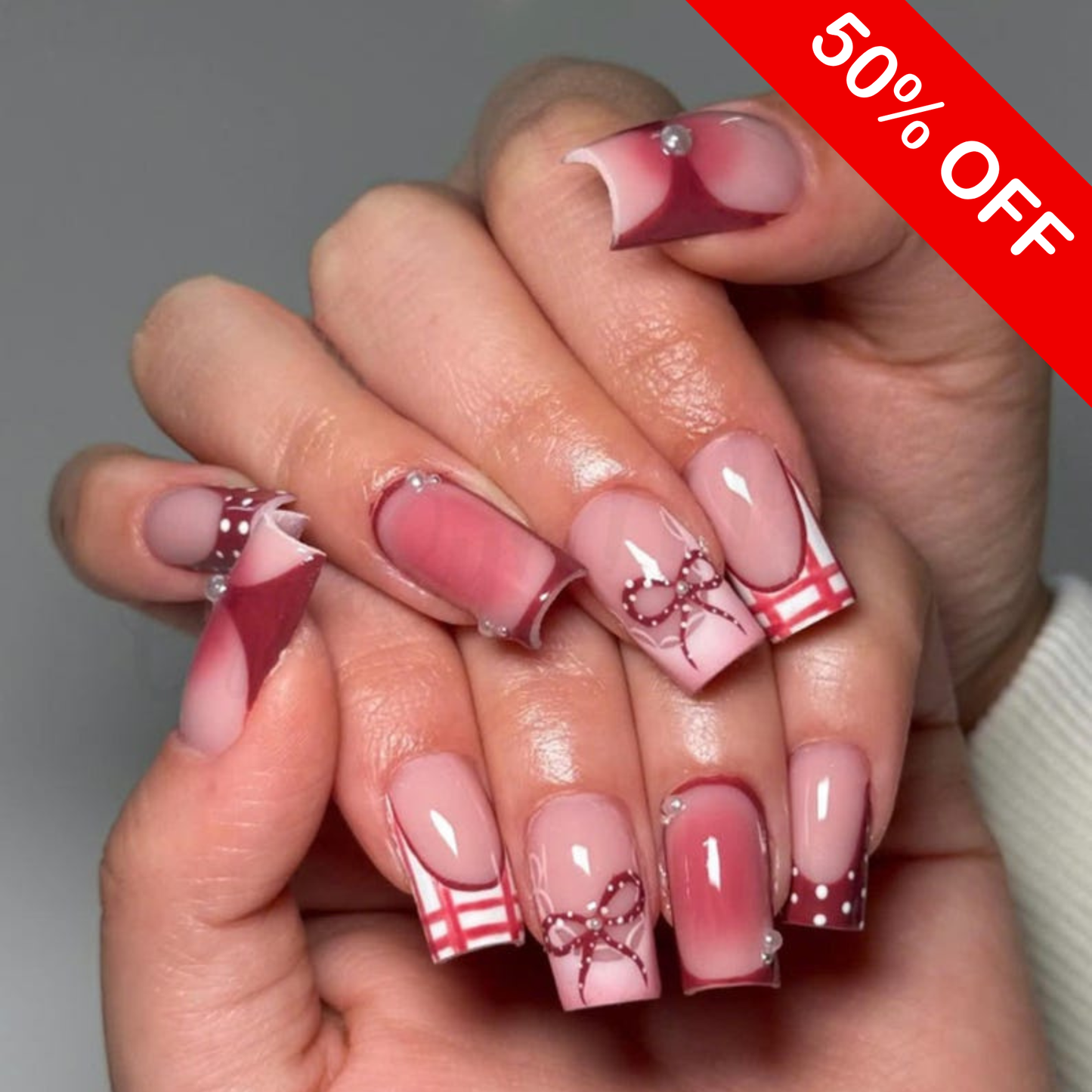 Deep Burgundy Coquette Duck Nails - Plaid & Pearl Bow Press Ons