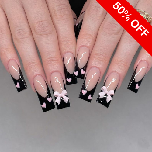 Goth Coquette Black French Press On Nails - Long Square with Pink Bows
