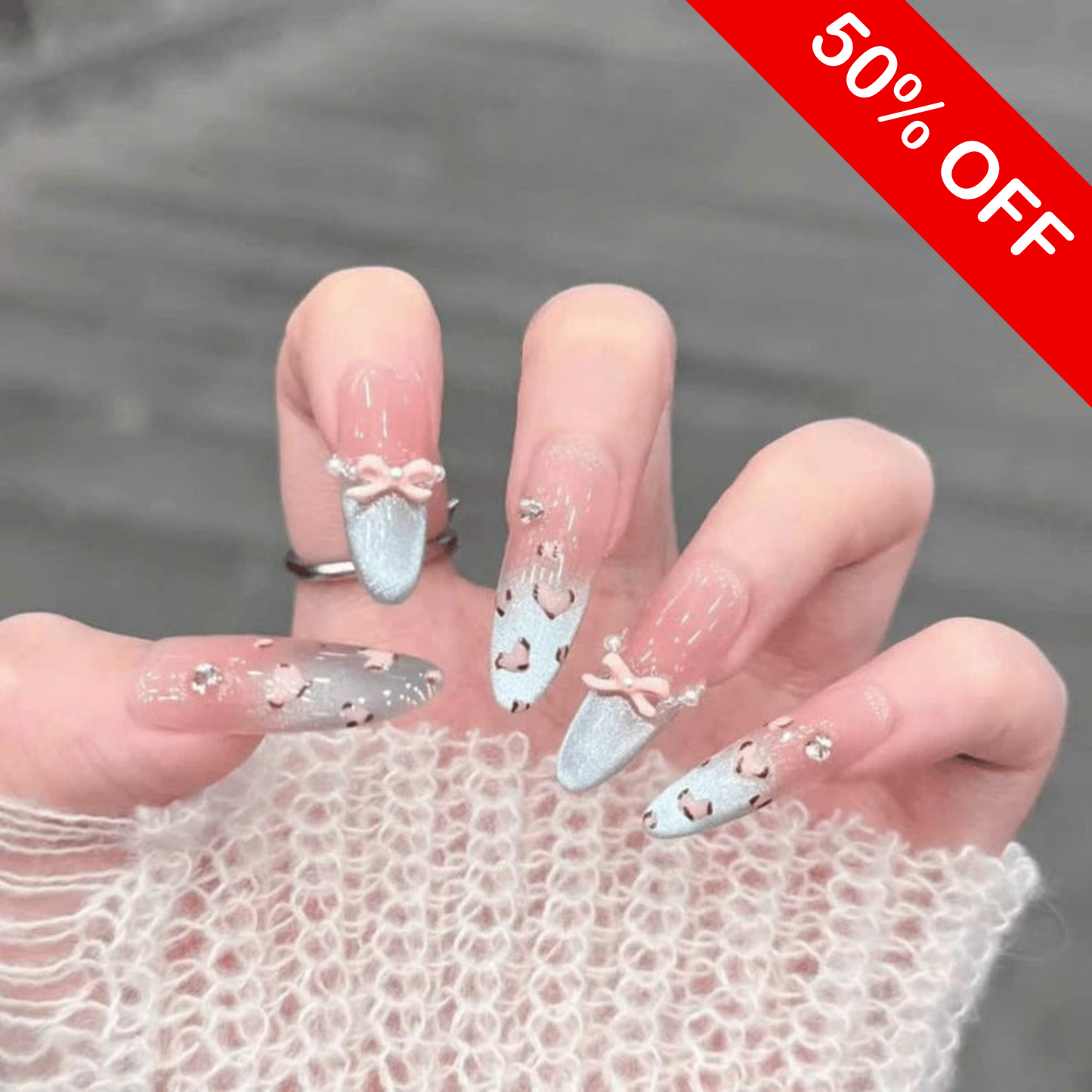 Ice Blue Glitter Coquette Press On Nails - 3D Pink Bow Long Almond