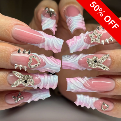 Y2K Aesthetic 3D Bunny & Spike Press On Nails - Long Coffin