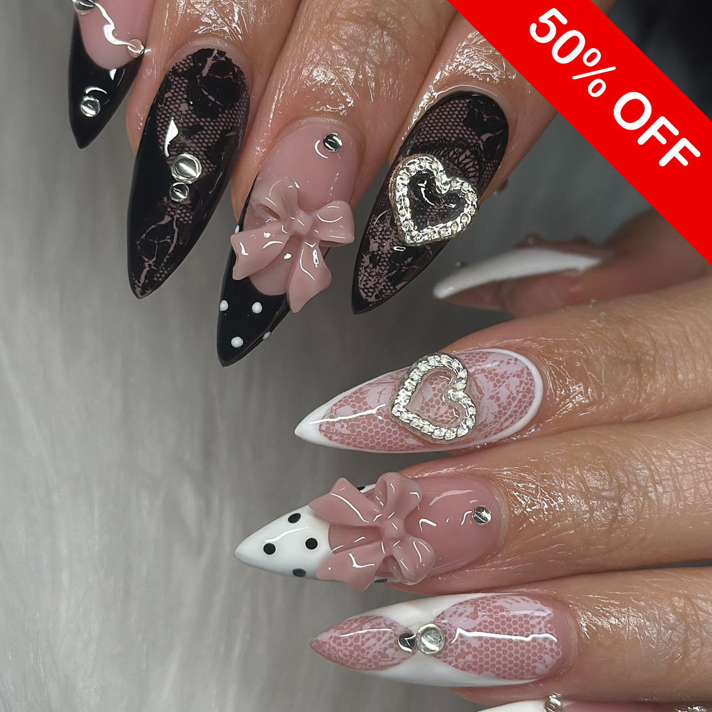 Coquette Contrast Lace & Bow Press On Nails - 3D Heart Charms - Long Stiletto