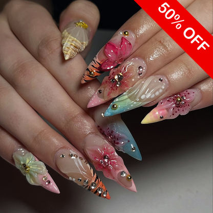 Tropical Hibiscus & Tiger Print Press On Nails - 3D Shell & Flower - Long Stiletto