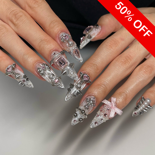 Heavy Metal Coquette Lace & Spike Press On Nails - Silver Cross - Long Stiletto