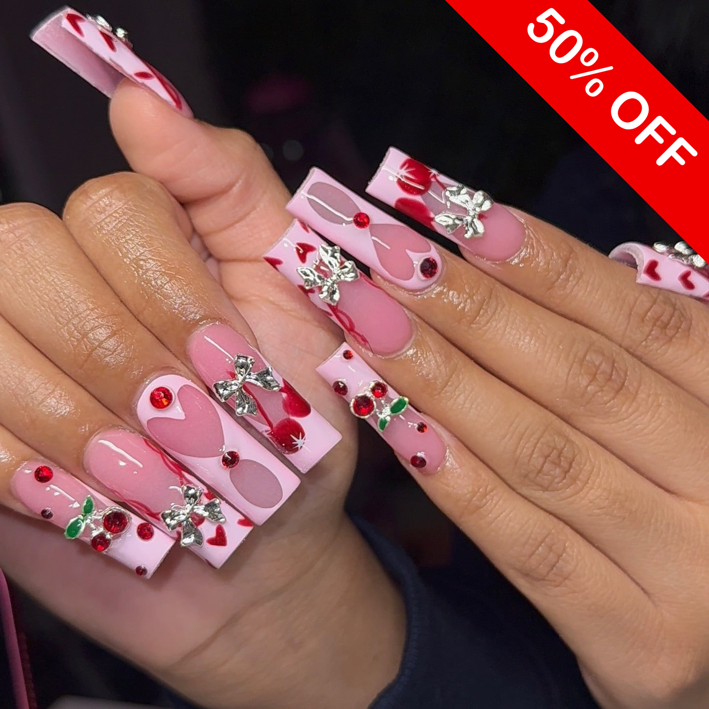 3D Silver Bow & Heart Cherry Press On Nails - XL Square Luxury Set
