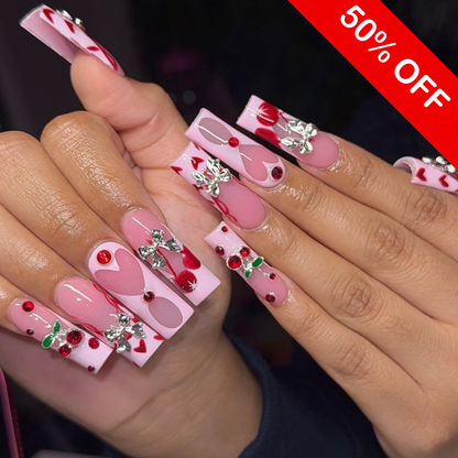 3D Silver Bow & Heart Cherry Press On Nails - XL Square Luxury Set