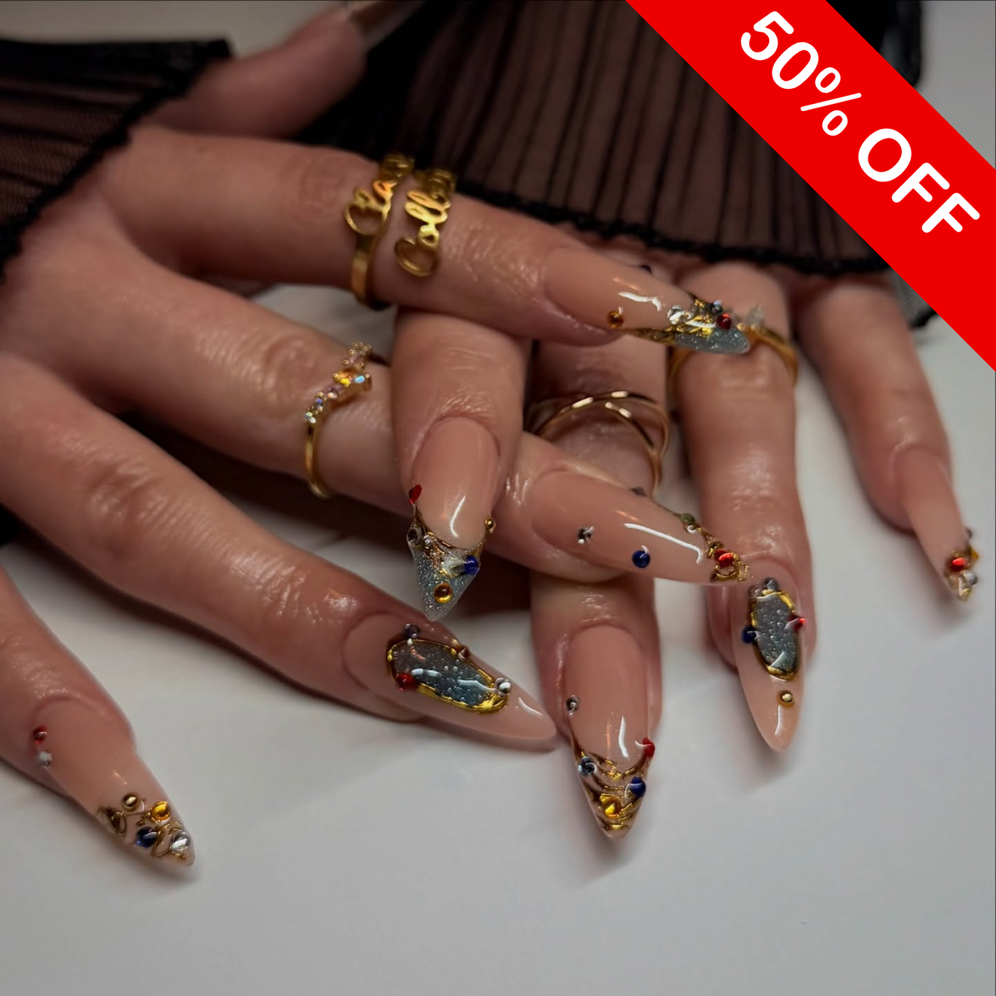 Gilded Cosmic Gemstone & Molten Gold Press On Nails - Long Almond