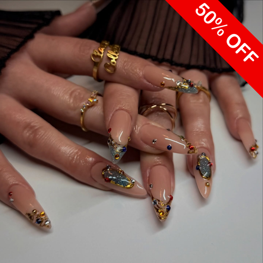 Gilded Cosmic Gemstone & Molten Gold Press On Nails - Long Almond