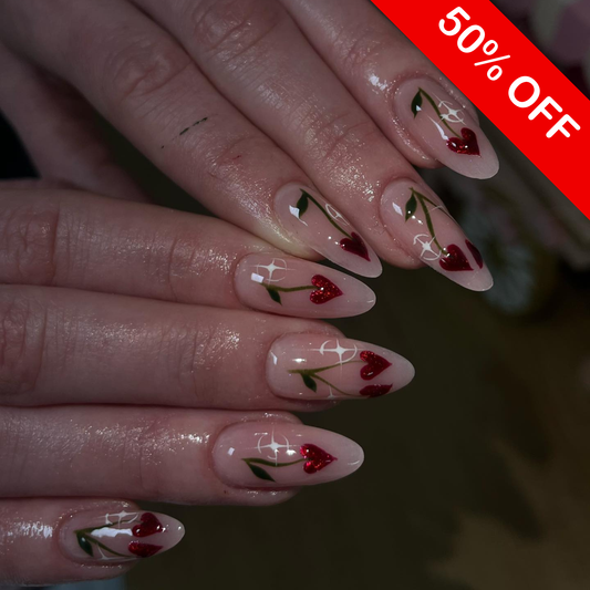 Heart-Cherry Twinkle Press On Nails - Medium Almond Glitter Set