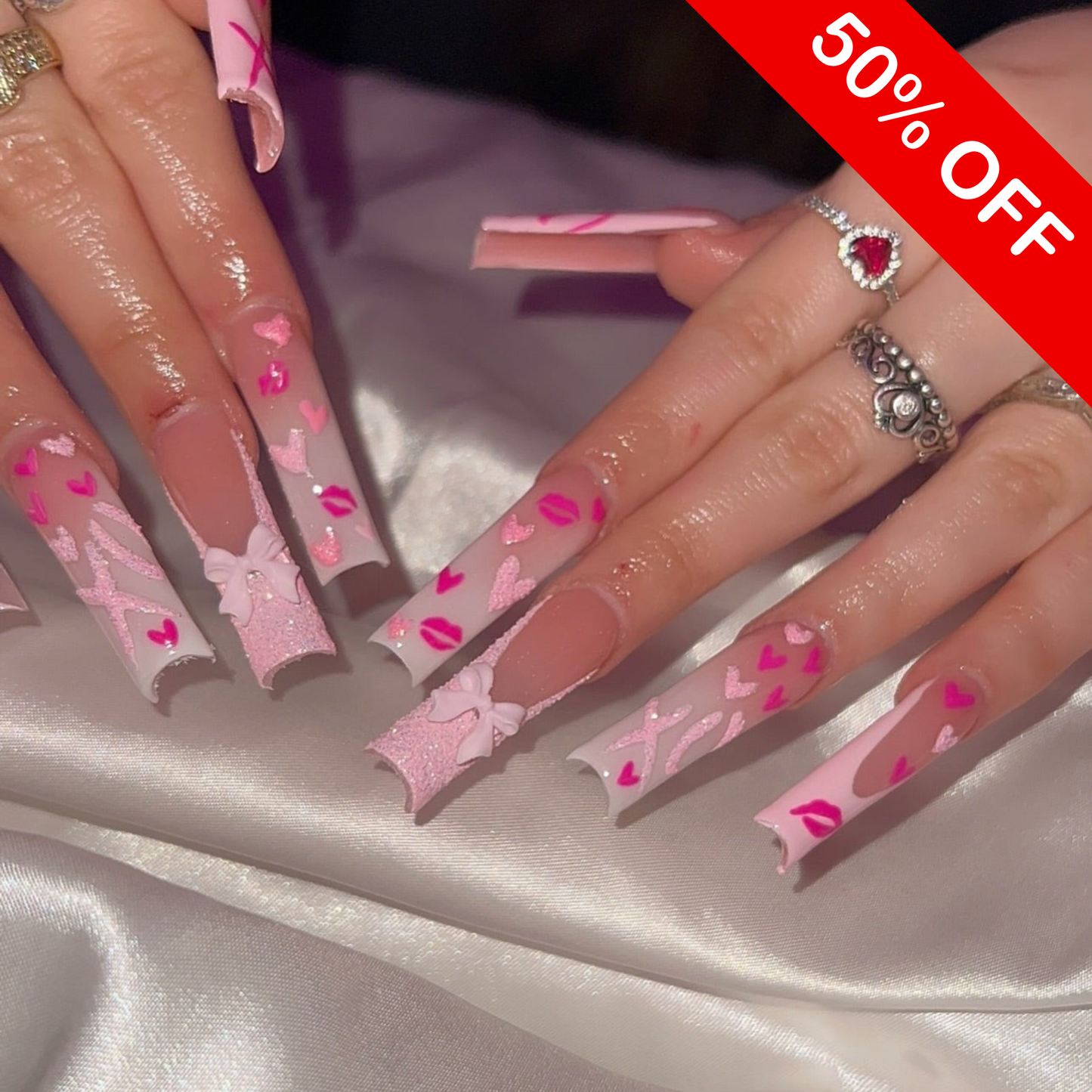 Lover's Corset & 3D Bow Press On Nails - XL Square Sugar Glitter Set