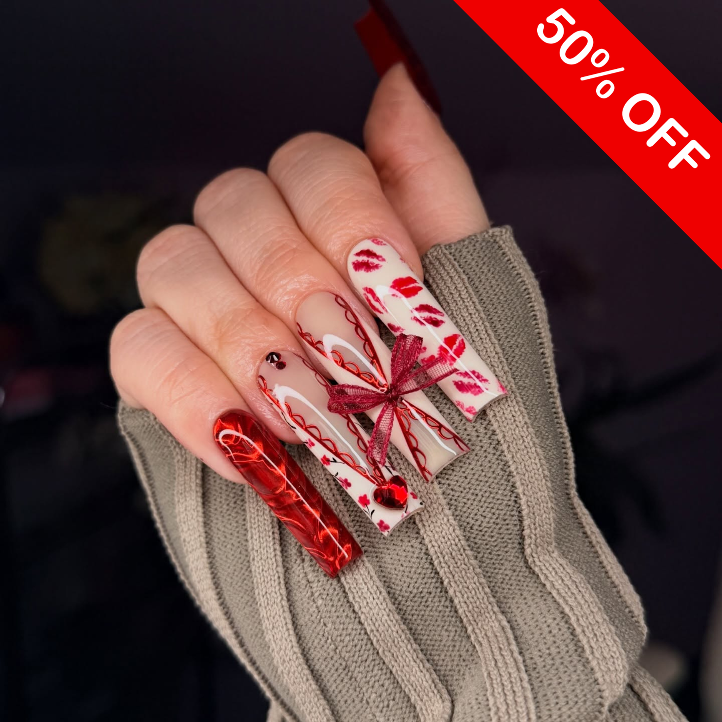 Romantic 3D Ribbon & Kiss Press On Nails - Long Square Luxury Set