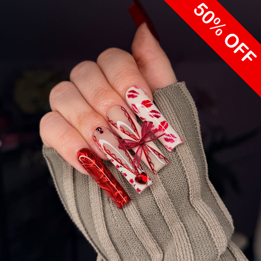 Romantic 3D Ribbon & Kiss Press On Nails - Long Square Luxury Set