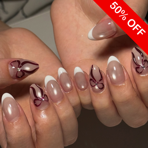 Burgundy Bow Glazed French Tip Press On Nails - Medium Almond