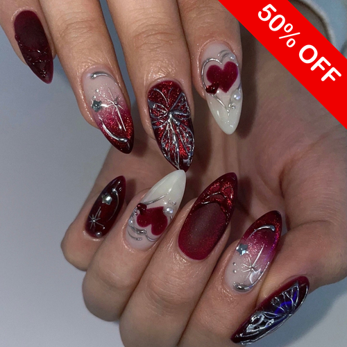 Gothic Chrome Butterfly & Crimson Hearts Press On Nails - Almond Set