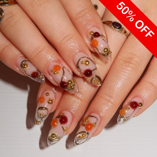 Gilded Gemstone Abstract Press On Nails - Luxury 3D Jewelry Almond