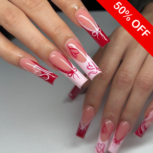Crimson Lace & Ribbon Bow Press On Nails - XL Tapered Square