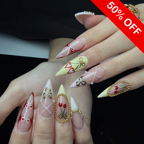 Golden Cherry & Corset Lace Press On Nails - XL Stiletto Luxury Set