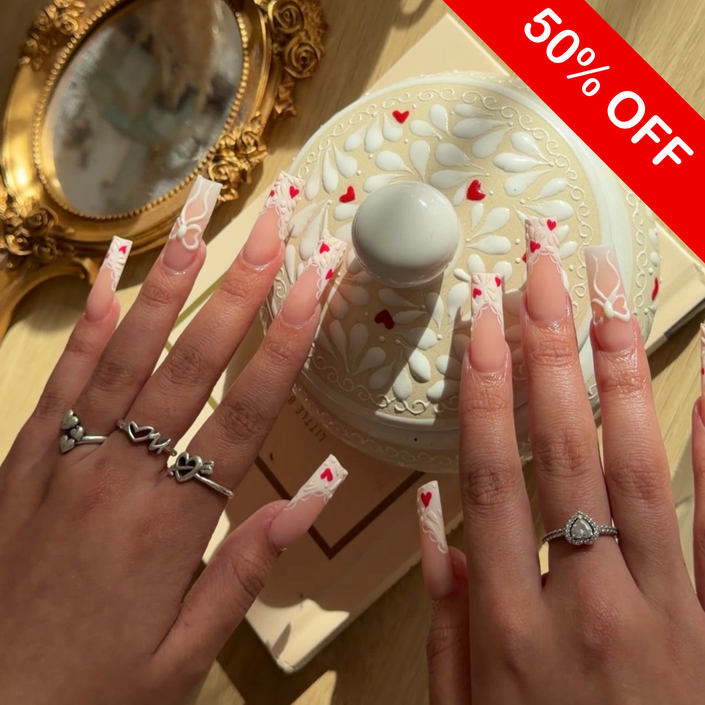 Romantic 3D Lace & Heart French Press On Nails - Long Square