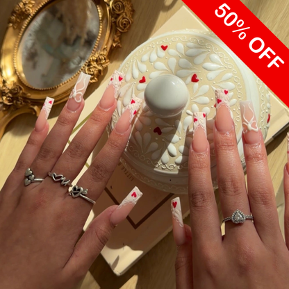 Romantic 3D Lace & Heart French Press On Nails - Long Square