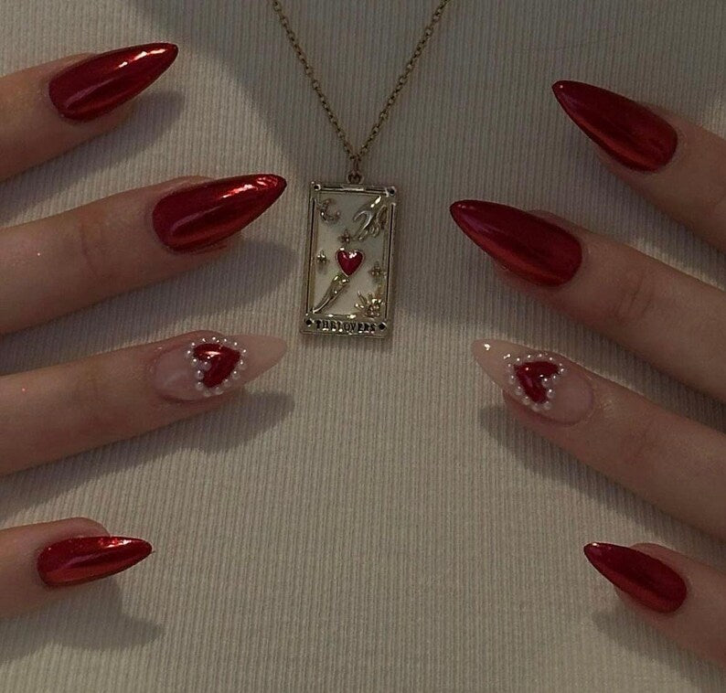 Deep Ruby Chrome & Pearl Heart Press On Nails - Medium Almond