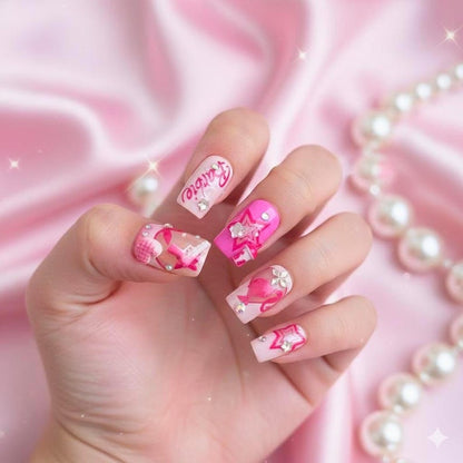 Barbiecore Y2K 3D Charm Press On Nails - Pink Square