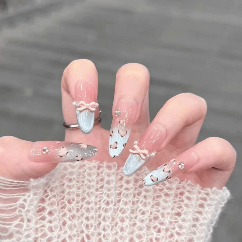 Ice Blue Glitter Coquette Press On Nails - 3D Pink Bow Long Almond