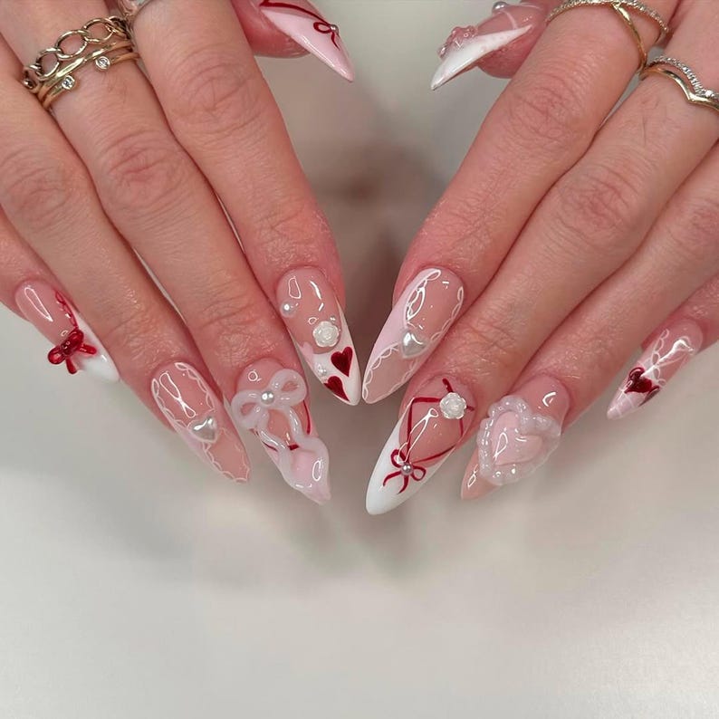 Luxury 3D Coquette Heart & Bow Press On Nails - Long Stiletto