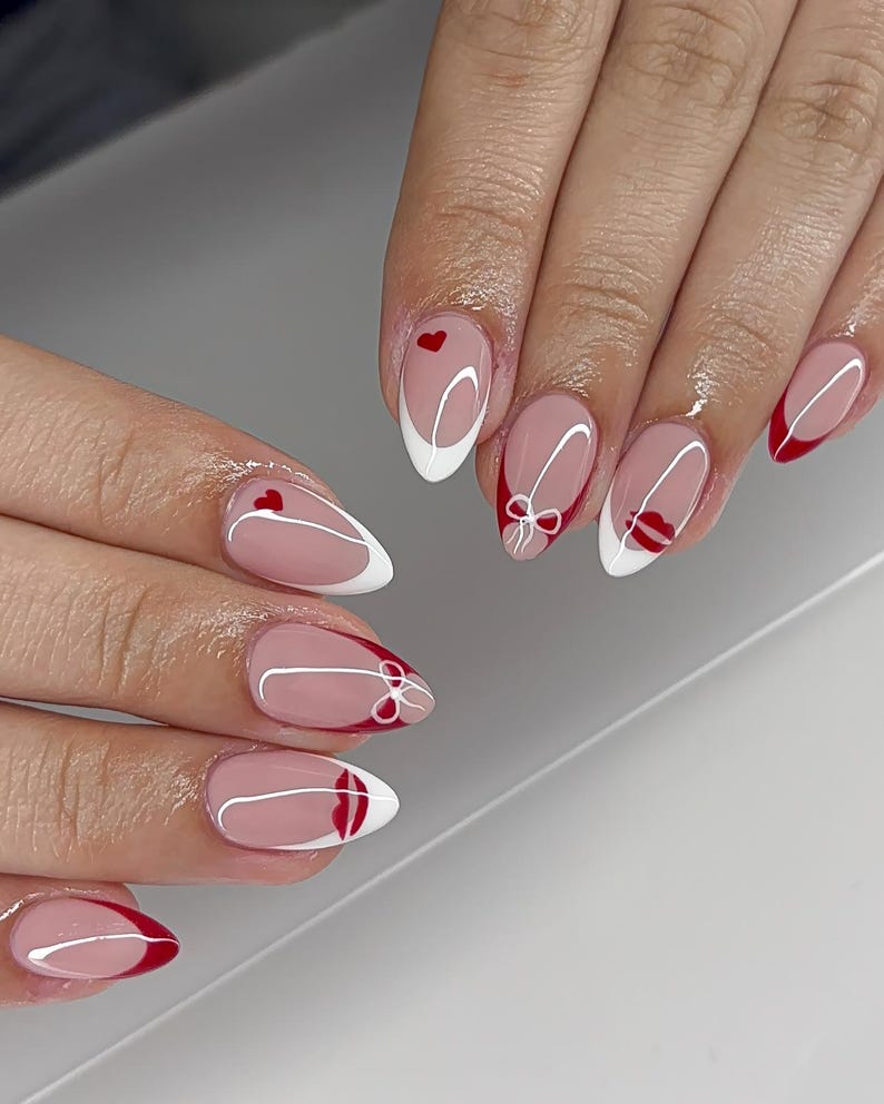 Romantic Coquette French Press On Nails - Red & White Almond