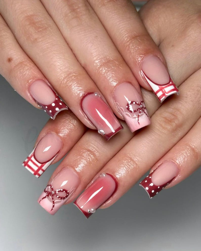 Deep Burgundy Coquette Duck Nails - Plaid & Pearl Bow Press Ons