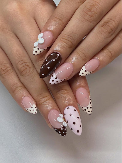 Chocolate Polka Dot Press On Nails, Cute Brown and Pink Nail Set with 3D Flowers, Brown and Pink French Tip Nails, 3D Floral Nail Art