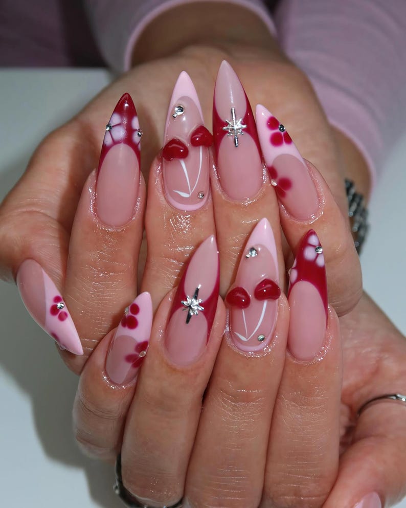3D Cherry Blossom & Starburst Press On Nails - Long Stiletto