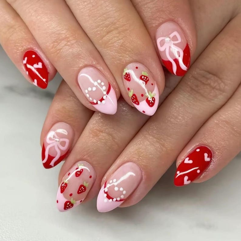 Strawberry Coquette Bow Press On Nails - Pink & Red Almond