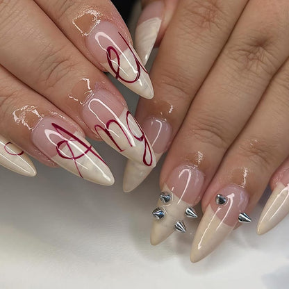 Edgy "Angel" Script Press On Nails - Cream French & Silver Spikes