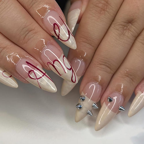 Edgy "Angel" Script Press On Nails - Cream French & Silver Spikes