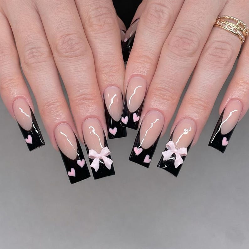 Goth Coquette Black French Press On Nails - Long Square with Pink Bows